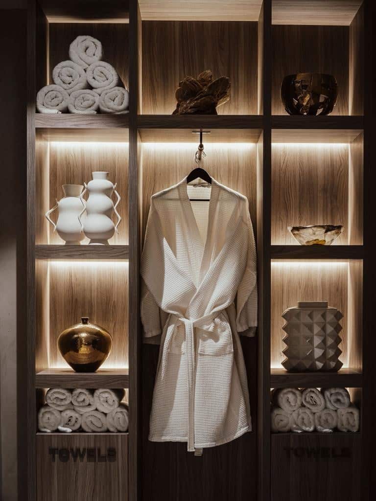 Luxury dressing room at Bernardus Golf with white bathrobe, rolled towels, and stylish decoration
