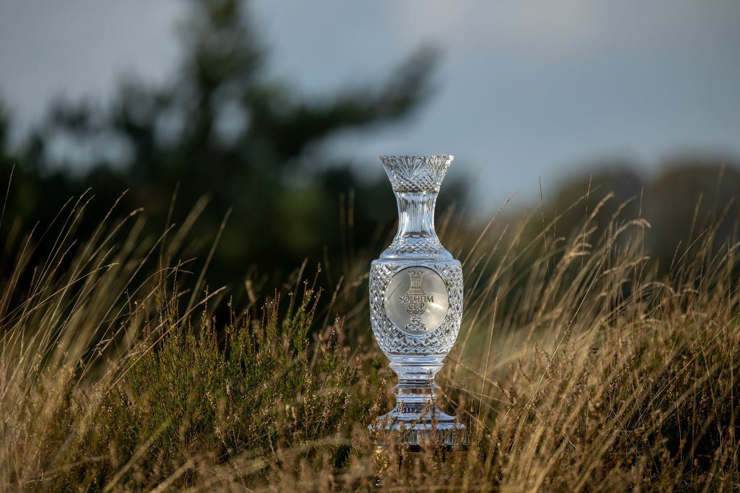 Crystal Solheim Cup trophy in the grass at Bernardus Golf